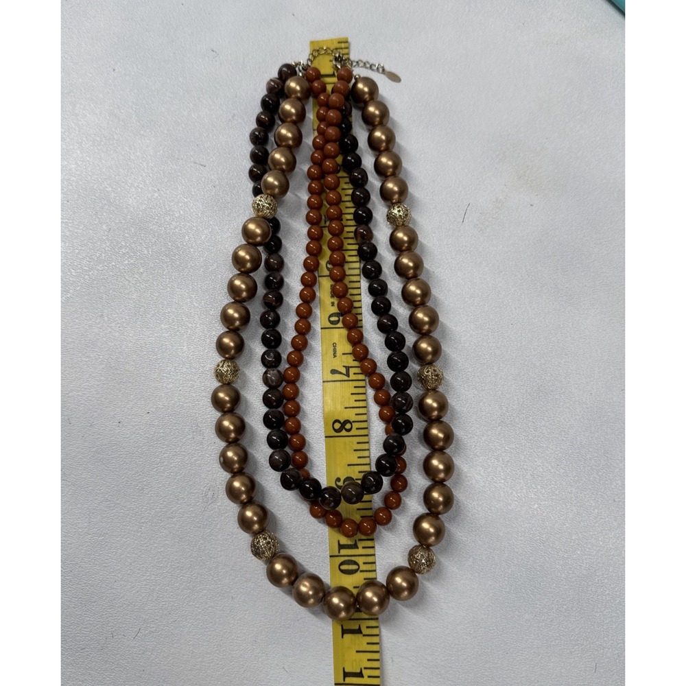 Multi‎ Strand Beaded Necklace Brown Gold Bronze Tone Earthy Statement - Picture 4 of 5
